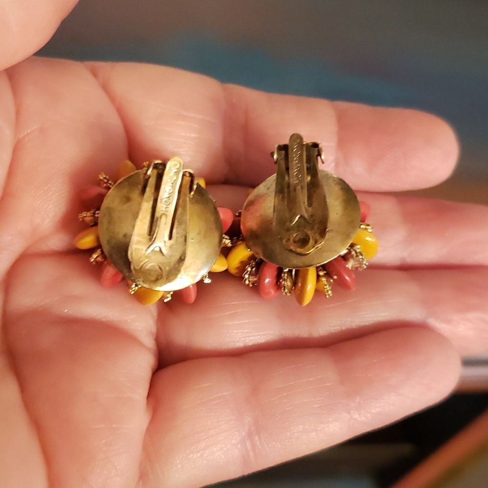 Vintage Orange Yellow Gold Fireworks Clip Earrings Costume Jewelry - Picture 3 of 5